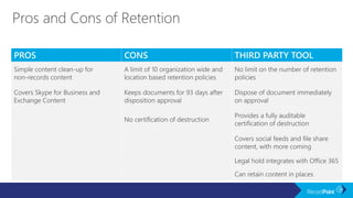 PROS CONS THIRD PARTY TOOL
Simple content clean-up for
non-records content
A limit of 10 organization wide and
location based retention policies
No limit on the number of retention
policies
Covers Skype for Business and
Exchange Content
Keeps documents for 93 days after
disposition approval
Dispose of document immediately
on approval
No certification of destruction
Provides a fully auditable
certification of destruction
Covers social feeds and file share
content, with more coming
Legal hold integrates with Office 365
Can retain content in places
 