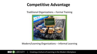 Traditional Organizations – Formal Training
Modern/Learning Organizations – Informal Learning
Competitive Advantage
| Creating a Culture of Learning in the Modern Workplace
 