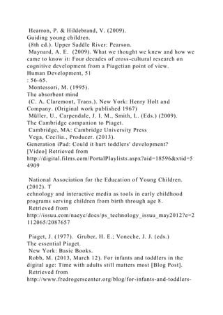 Hearron, P. & Hildebrand, V. (2009).
Guiding young children.
(8th ed.). Upper Saddle River: Pearson.
Maynard, A. E. (2009). What we thought we knew and how we
came to know it: Four decades of cross-cultural research on
cognitive development from a Piagetian point of view.
Human Development, 51
: 56-65.
Montessori, M. (1995).
The absorbent mind
(C. A. Claremont, Trans.). New York: Henry Holt and
Company. (Original work published 1967)
Müller, U., Carpendale, J. I. M., Smith, L. (Eds.) (2009).
The Cambridge companion to Piaget.
Cambridge, MA: Cambridge University Press
Vega, Cecilia., Producer. (2013).
Generation iPad: Could it hurt toddlers' development?
[Video] Retrieved from
http://digital.films.com/PortalPlaylists.aspx?aid=18596&xtid=5
4909
National Association for the Education of Young Children.
(2012). T
echnology and interactive media as tools in early childhood
programs serving children from birth through age 8.
Retrieved from
http://issuu.com/naeyc/docs/ps_technology_issuu_may2012?e=2
112065/2087657
Piaget, J. (1977). Gruber, H. E.; Voneche, J. J. (eds.)
The essential Piaget.
New York: Basic Books.
Robb, M. (2013, March 12). For infants and toddlers in the
digital age: Time with adults still matters most [Blog Post].
Retrieved from
http://www.fredrogerscenter.org/blog/for-infants-and-toddlers-
 
