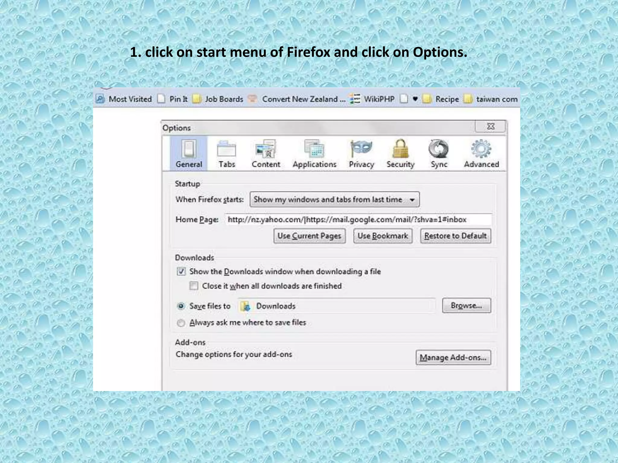 1. click on start menu of Firefox and click on Options.
 