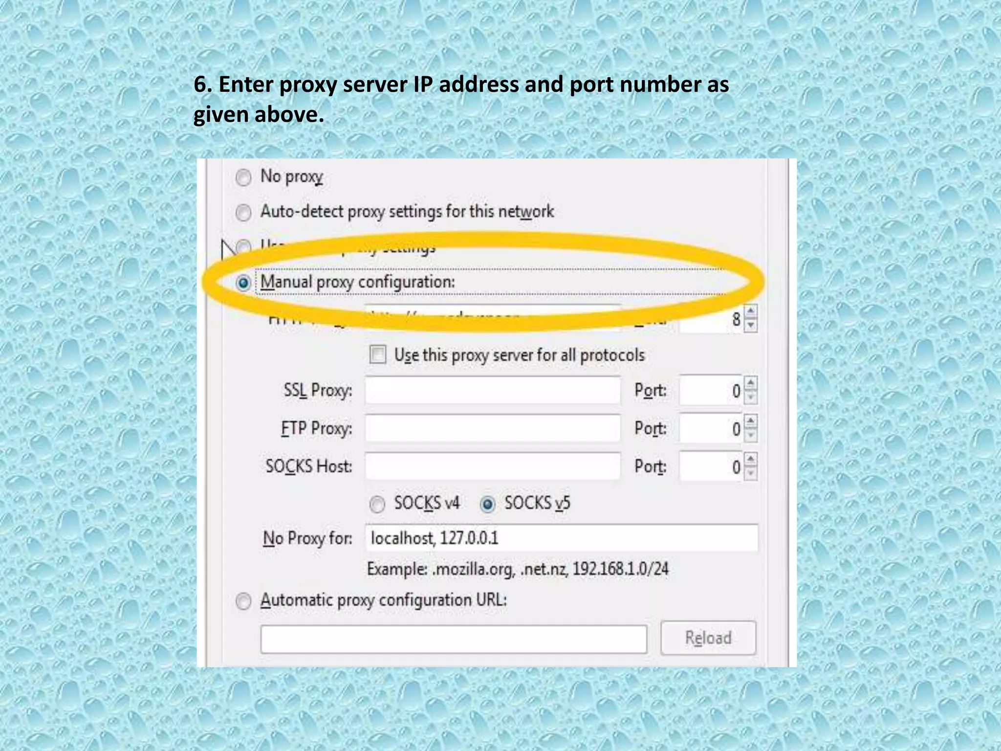 6. Enter proxy server IP address and port number as
given above.
 