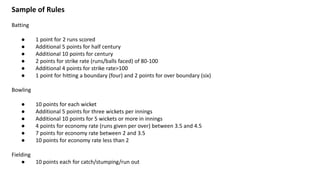 Sample of Rules
Batting
● 1 point for 2 runs scored
● Additional 5 points for half century
● Additional 10 points for century
● 2 points for strike rate (runs/balls faced) of 80-100
● Additional 4 points for strike rate>100
● 1 point for hitting a boundary (four) and 2 points for over boundary (six)
Bowling
● 10 points for each wicket
● Additional 5 points for three wickets per innings
● Additional 10 points for 5 wickets or more in innings
● 4 points for economy rate (runs given per over) between 3.5 and 4.5
● 7 points for economy rate between 2 and 3.5
● 10 points for economy rate less than 2
Fielding
● 10 points each for catch/stumping/run out
 