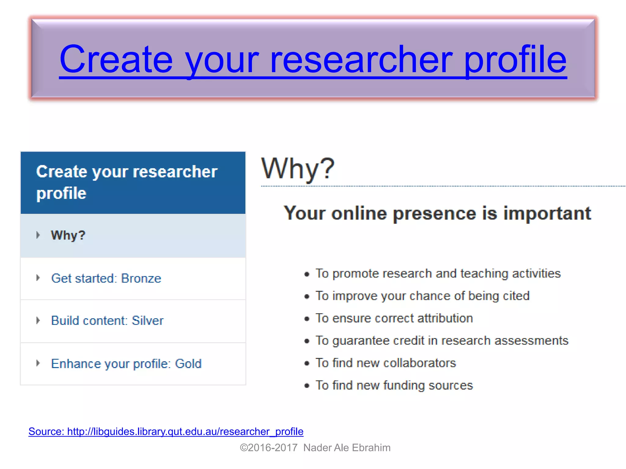 Create your researcher profile
©2016-2017 Nader Ale Ebrahim
Source: http://libguides.library.qut.edu.au/researcher_profile
 