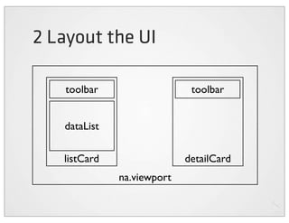 2 Layout the UI

   toolbar                   toolbar


   dataList

   listCard                 detailCard
              na.viewport
 
