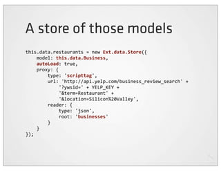 A store of those models
this.data.restaurants	
  =	
  new	
  Ext.data.Store({
	
  	
  	
  	
  model:	
  this.data.Business,
	
  	
  	
  	
  autoLoad:	
  true,
	
  	
  	
  	
  proxy:	
  {
	
  	
  	
  	
  	
  	
  	
  	
  type:	
  'scripttag',
	
  	
  	
  	
  	
  	
  	
  	
  url:	
  'http://api.yelp.com/business_review_search'	
  +
	
  	
  	
  	
  	
  	
  	
  	
  	
  	
  	
  	
  '?ywsid='	
  +	
  YELP_KEY	
  +
	
  	
  	
  	
  	
  	
  	
  	
  	
  	
  	
  	
  '&term=Restaurant'	
  +
	
  	
  	
  	
  	
  	
  	
  	
  	
  	
  	
  	
  '&location=Silicon%20Valley',
	
  	
  	
  	
  	
  	
  	
  	
  reader:	
  {
	
  	
  	
  	
  	
  	
  	
  	
  	
  	
  	
  	
  type:	
  'json',
	
  	
  	
  	
  	
  	
  	
  	
  	
  	
  	
  	
  root:	
  'businesses'
	
  	
  	
  	
  	
  	
  	
  	
  }
	
  	
  	
  	
  }
});
 