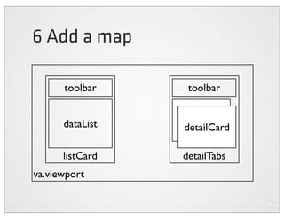 6 Add a map

      toolbar     toolbar


      dataList   dataList
                 detailCard

      listCard   detailTabs
va.viewport
 