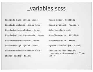 _variables.scss
$include-html-style: true;        $base-color: #354F6E;

$include-default-icons: true;     $base-gradient: 'matte';

$include-form-sliders: true;      $alert-color: red;

$include-floating-panels: true;   $confirm-color: #92cf00;

$include-default-uis: true;       $page-bg-color: #eee;

$include-highlights: true;        $global-row-height: 2.6em;

$include-border-radius: true;     $active-color: darken(
                                    saturate($base-color, 55%),
$basic-slider: false;             10%);
 