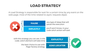 LOAD STRATEGY
A Load Strategy is responsible for wait for a certain time by any event on the
web page, most of the time related to async requests (Ajax).
PAUSE
IMPLICITLY
any type of sleep that will
pause the execution
you’ll won’t know, in your
code witch action will wait
EXPLICITLY
AJAX LOCATORthe best choice to use with
Page Factory strategy
with this strategy you can see, in the
code, witch element will take time
 