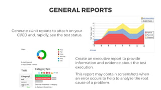 Generate xUnit reports to attach on your
CI/CD and, rapidly, see the test status.
GENERAL REPORTS
Create an executive report to provide
information and evidence about the test
execution.
This report may contain screenshots when
an error occurs to help to analyze the root
cause of a problem.
 