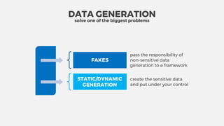 pass the responsibility of
non-sensitive data
generation to a framework
STATIC/DYNAMIC
GENERATION
create the sensitive data
and put under your control
FAKES
DATA GENERATION
solve one of the biggest problems
 