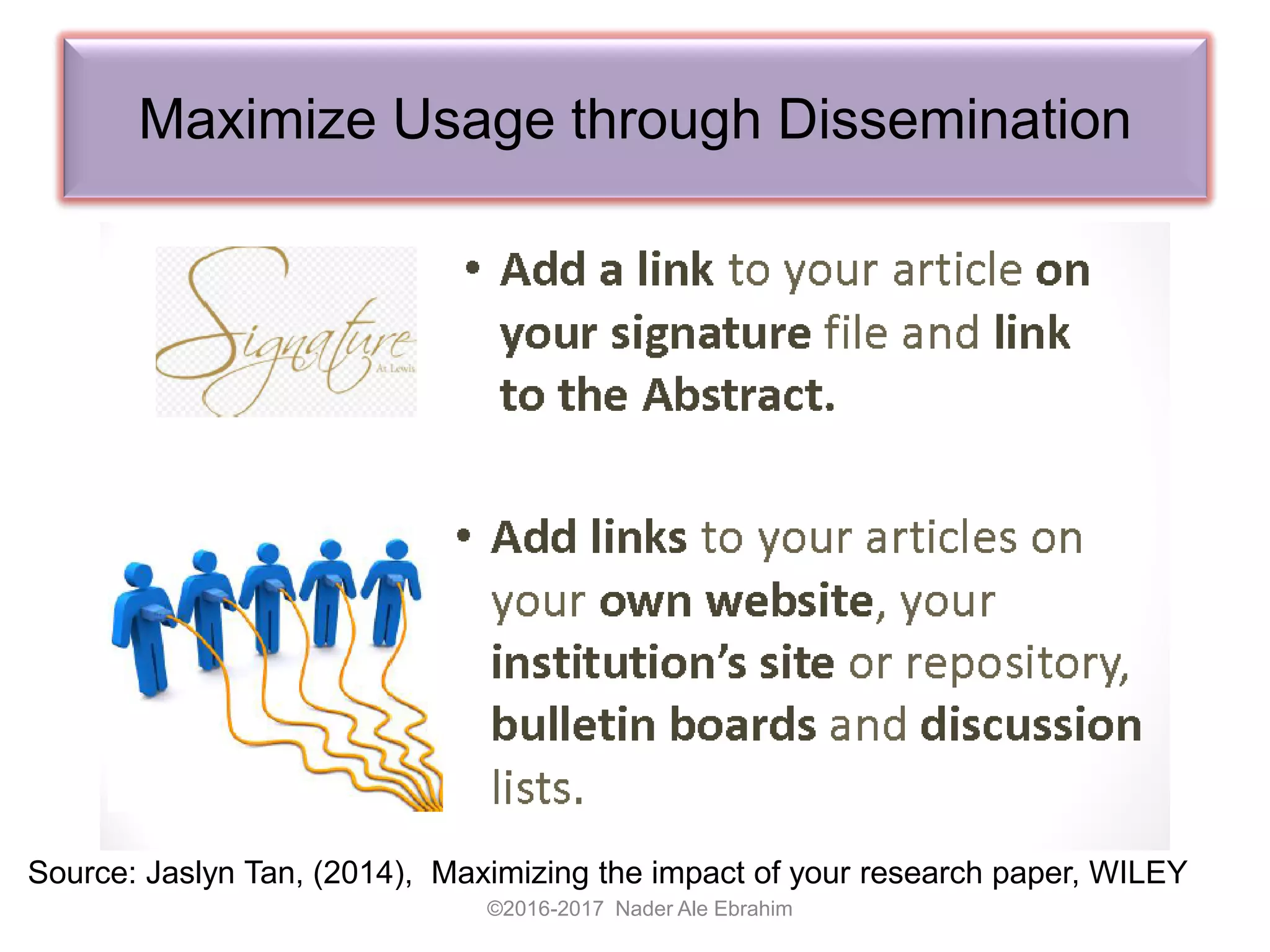 Maximize Usage through Dissemination
©2016-2017 Nader Ale Ebrahim
Source: Jaslyn Tan, (2014), Maximizing the impact of your research paper, WILEY
 