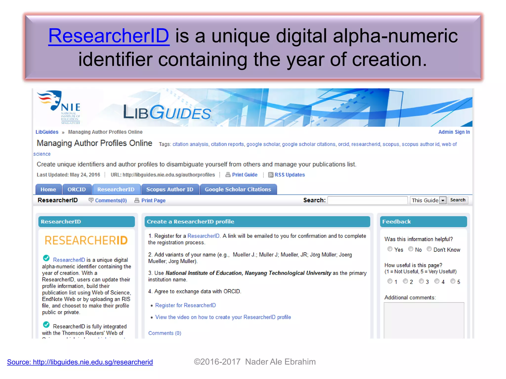 ResearcherID is a unique digital alpha-numeric
identifier containing the year of creation.
©2016-2017 Nader Ale EbrahimSource: http://libguides.nie.edu.sg/researcherid
 