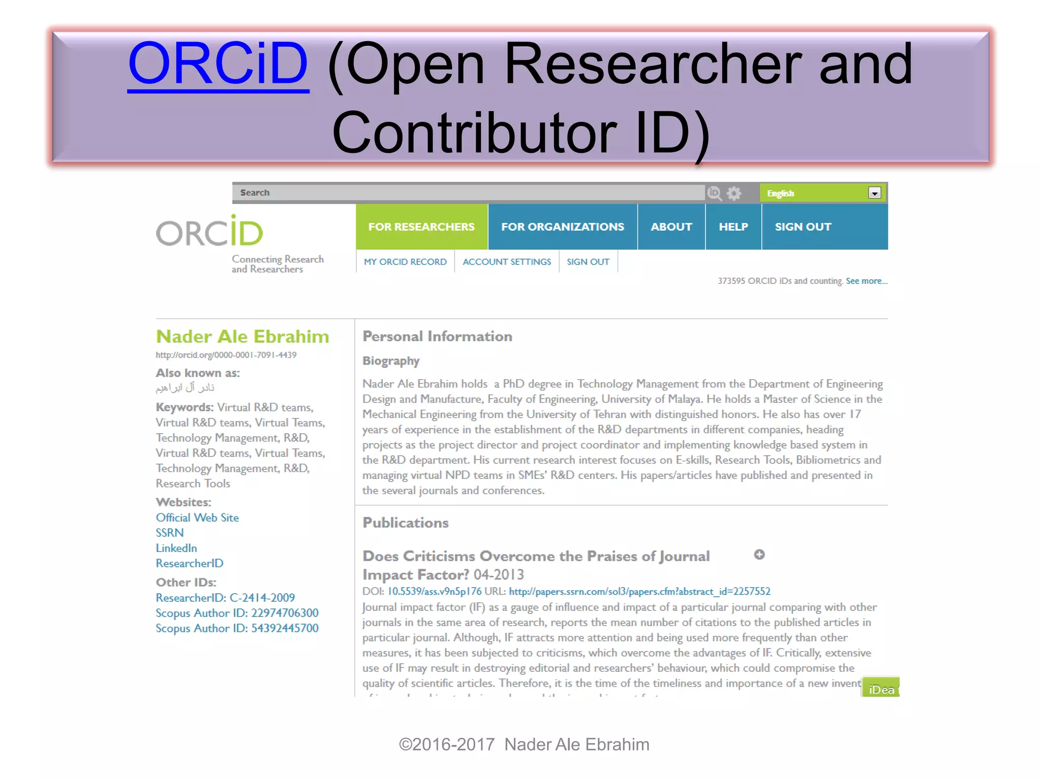 ORCiD (Open Researcher and
Contributor ID)
©2016-2017 Nader Ale Ebrahim
 