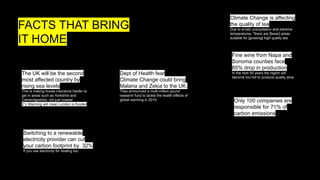FACTS THAT BRING
IT HOME
Only 100 companies are
responsible for 71% of
carbon emissions
Fine wine from Napa and
Sonoma counties face
85% drop in production
In the next 50 years the region will
become too hot to produce quality wine
Climate Change is affecting
the quality of tea
Due to erratic precipitation and extreme
temperatures, "there are [fewer] areas
suitable for [growing] high quality tea
The UK will be the second
most affected country by
rising sea levels
This is making house insurance harder to
get in areas such as Yorkshire and
Cambridgeshire, not just coastal
2°c Warming will mean London is flooded
Dept of Health fear
Climate Change could bring
Malaria and Zekia to the UK.
They announced a multi-million pound
research fund to tackle the health effects of
global warming in 2019.
Switching to a renewable
electricity provider can cut
your carbon footprint by 32%
If you use electricity for heating too.
 
