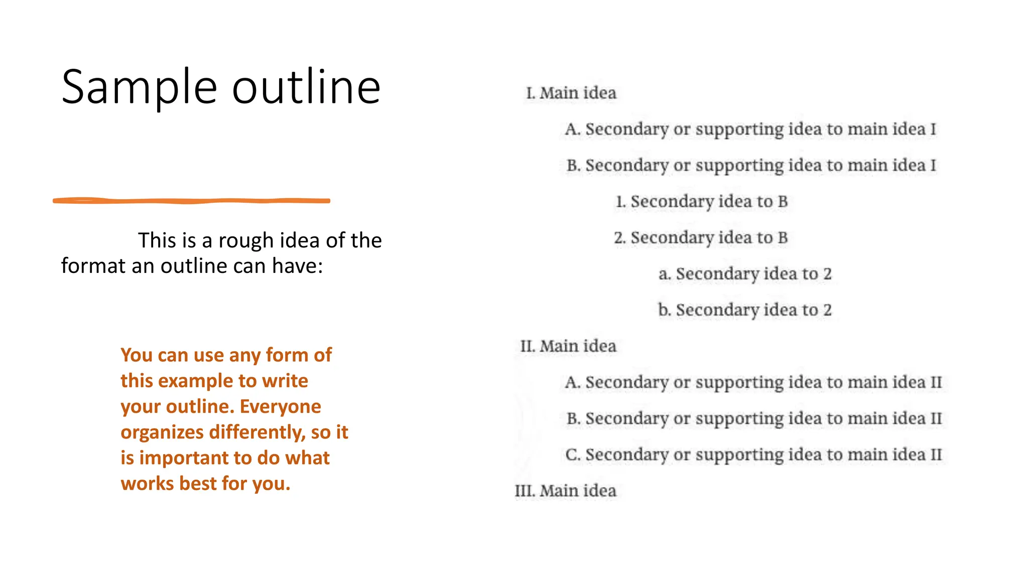 Sample outline
This is a rough idea of the
format an outline can have:
You can use any form of
this example to write
your outline. Everyone
organizes differently, so it
is important to do what
works best for you.
 