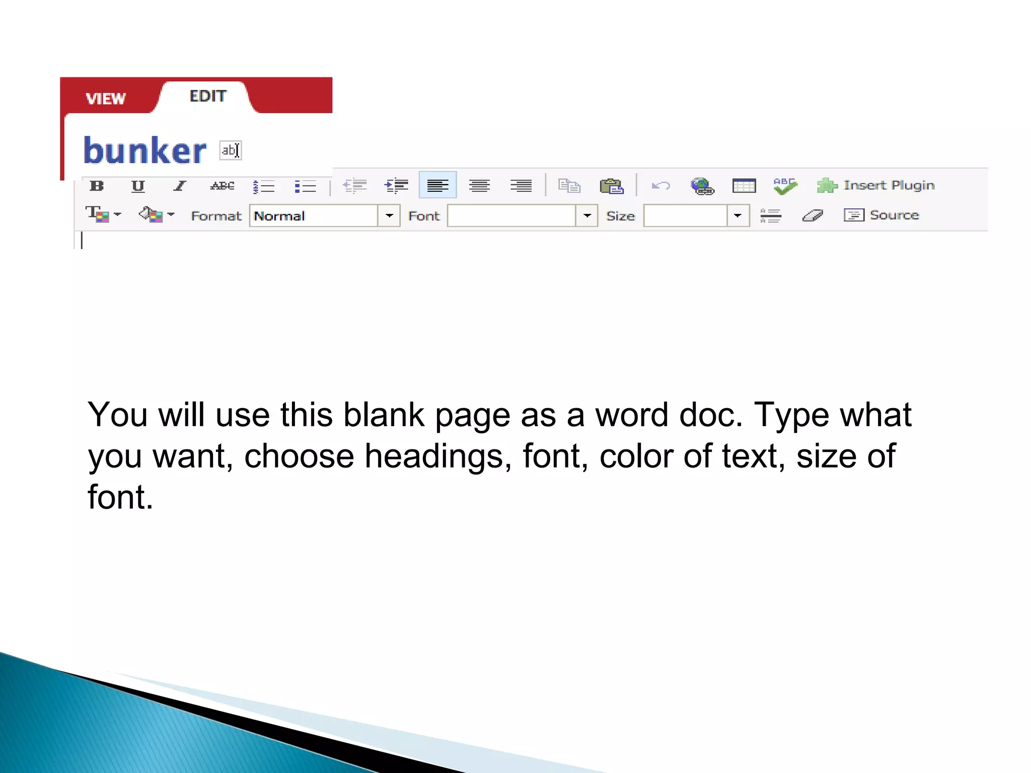 You will use this blank page as a word doc. Type what you want, choose headings, font, color of text, size of font. 
