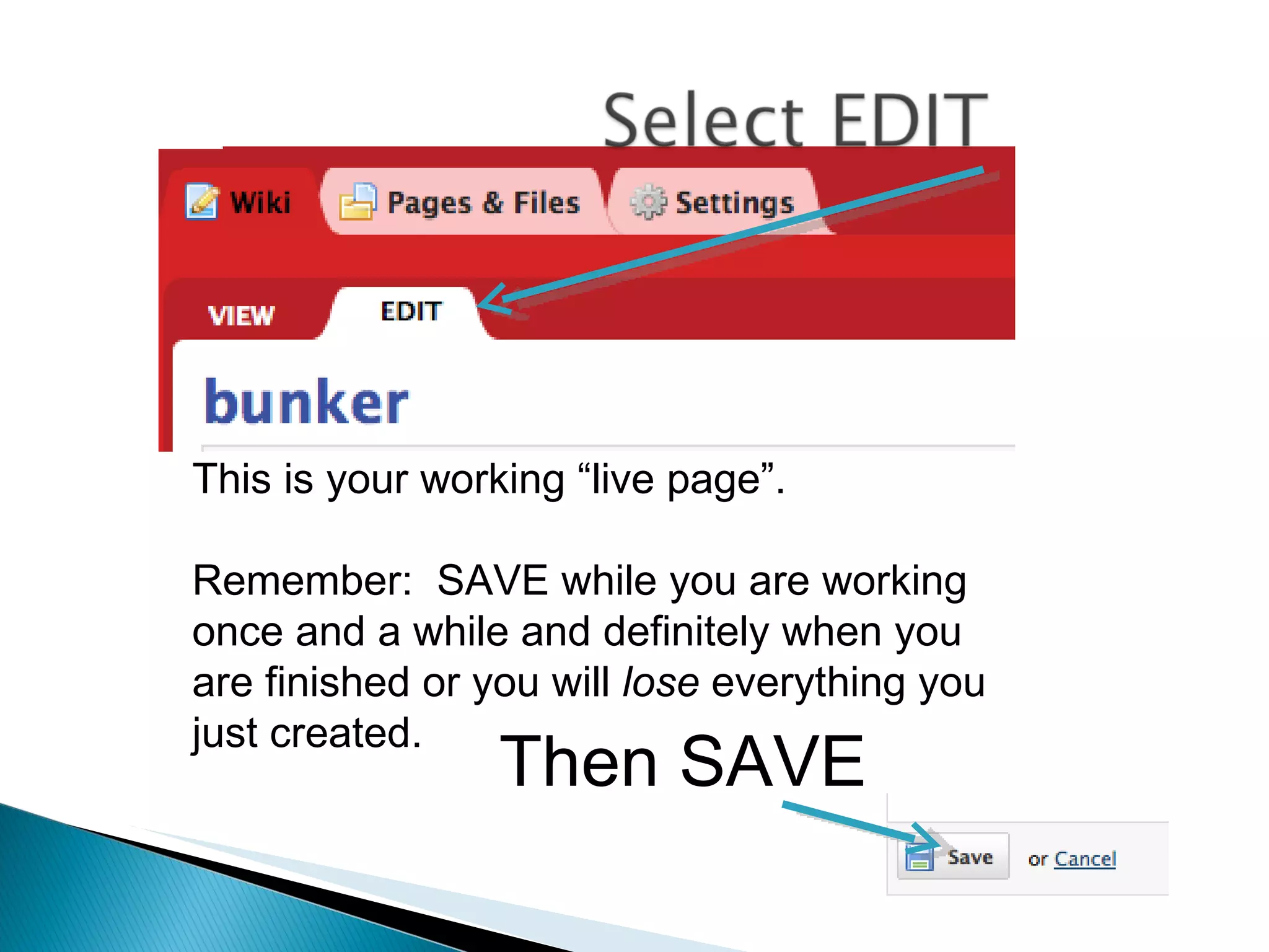 This is your working “live page”.  Remember:  SAVE while you are working once and a while and definitely when you are finished or you will  lose  everything you just created. Then SAVE 