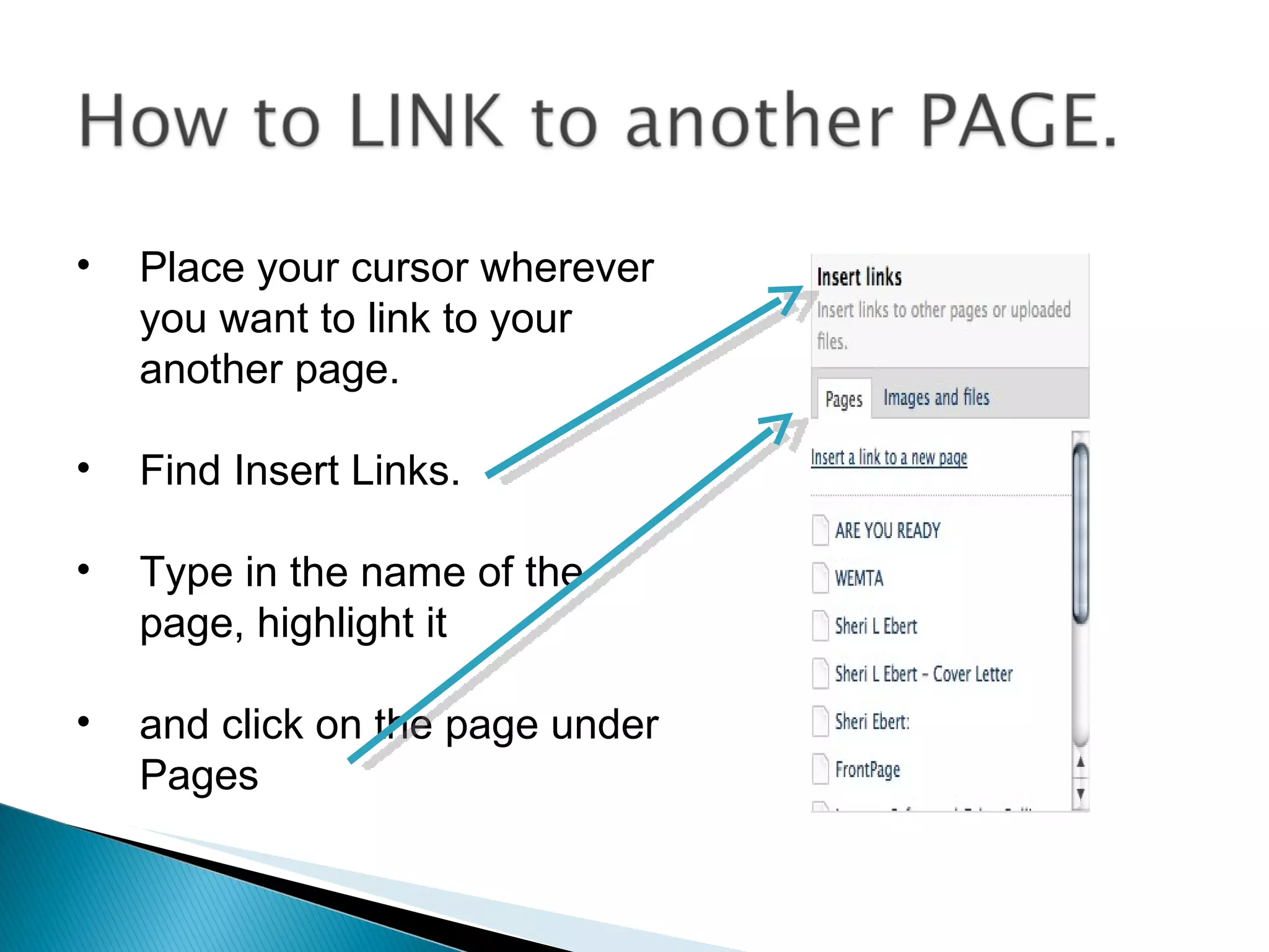 Place your cursor wherever you want to link to your another page.  Find Insert Links. Type in the name of the page, highlight it  and click on the page under Pages 