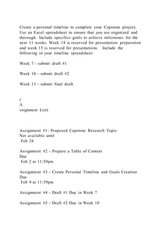 Create a personal timeline to complete your Capstone project.
Use an Excel spreadsheet to ensure that you are organized and
thorough. Include specifics goals to achieve milestones for the
next 11 weeks. Week 14 is reserved for presentation preparation
and week 15 is reserved for presentations. Include the
following in your timeline spreadsheet:
Week 7 - submit draft #1
Week 10 - submit draft #2
Week 13 - submit final draft.
(
A
ssignment List)
Assignment #1- Proposed Capstone Research Topic
Not available until
Feb 28
Assignment #2 - Prepare a Table of Content
Due
Feb 2 at 11:59pm
Assignment #3 - Create Personal Timeline and Goals Creation
Due
Feb 9 at 11:59pm
Assignment #4 - Draft #1 Due in Week 7
Assignment #5 - Draft #2 Due in Week 10
 