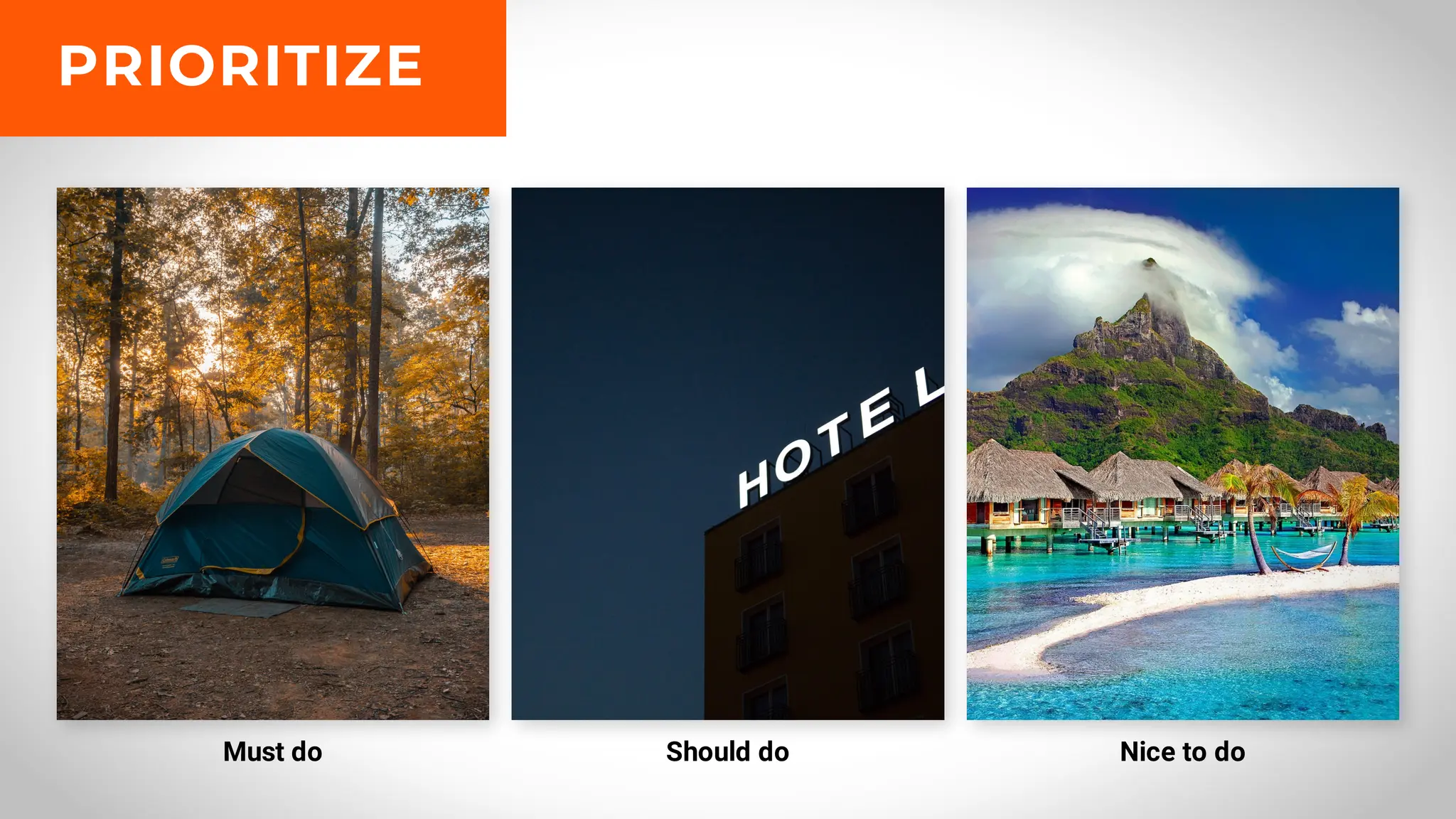 Must do Should do Nice to do
PRIORITIZE
 