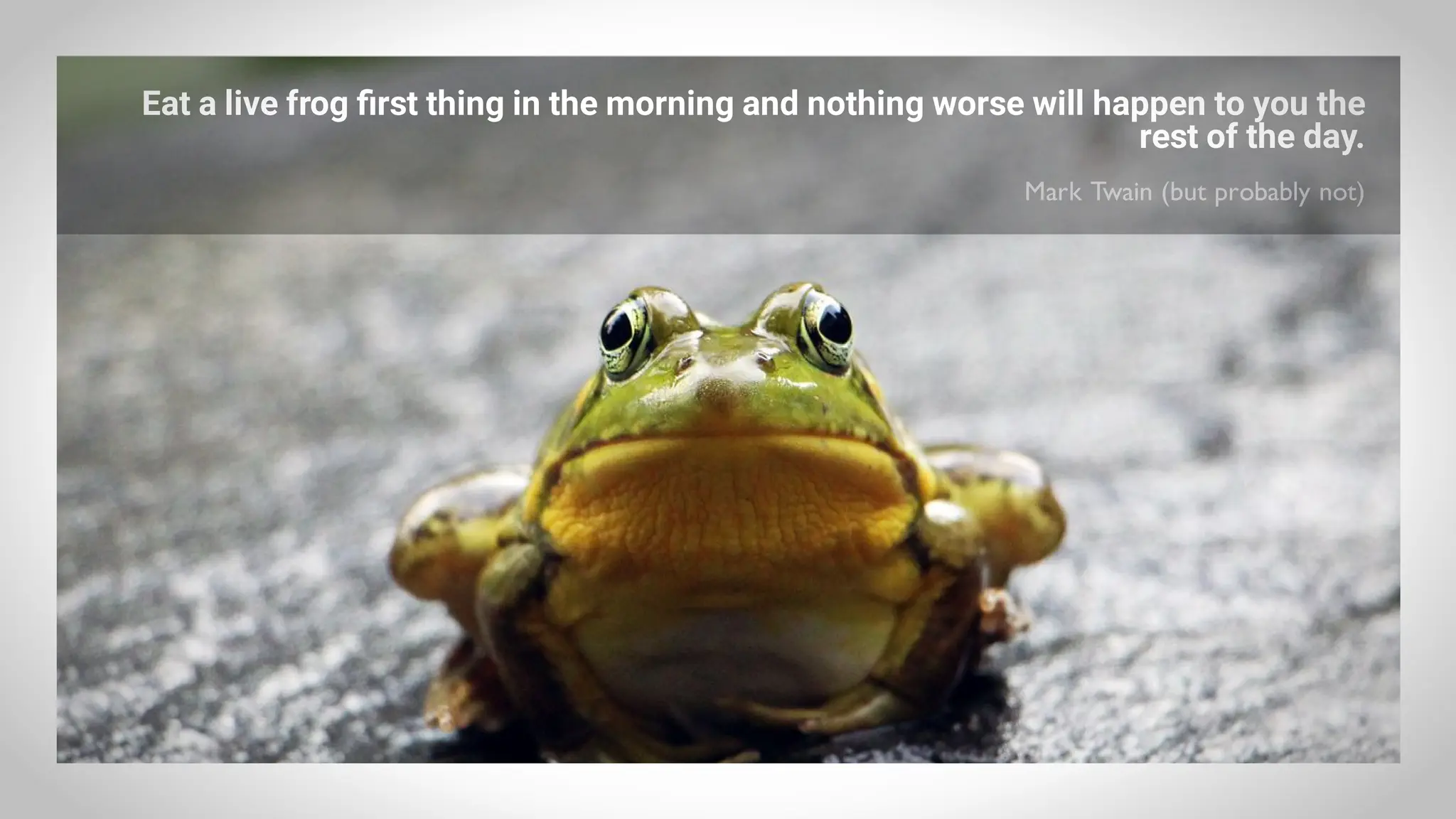 Eat a live frog first thing in the morning and nothing worse will happen to you the
rest of the day.
Mark Twain (but probably not)
 