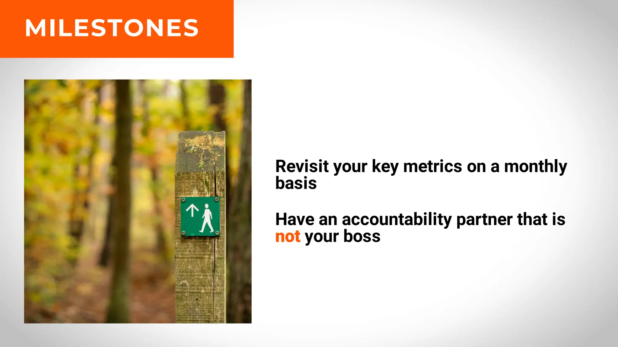 Revisit your key metrics on a monthly
basis
Have an accountability partner that is
not your boss
MILESTONES
 