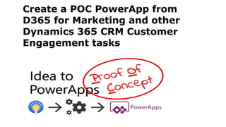 Create a POC PowerApp from
D365 for Marketing and other
Dynamics 365 CRM Customer
Engagement tasks
 