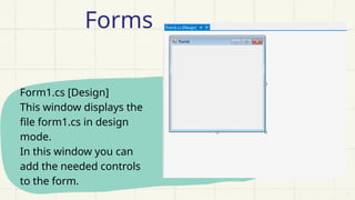 Form1.cs [Design]
This window displays the
file form1.cs in design
mode.
In this window you can
add the needed controls
to the form.
Forms
 