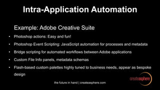 the future in hand | createasphere.com
Intra-Application Automation
Example: Adobe Creative Suite
• Photoshop actions: Easy and fun!
• Photoshop Event Scripting: JavaScript automation for processes and metadata
• Bridge scripting for automated workflows between Adobe applications
• Custom File Info panels, metadata schemas
• Flash-based custom palettes highly tuned to business needs, appear as bespoke
design
 