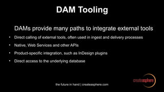 the future in hand | createasphere.com
DAM Tooling
DAMs provide many paths to integrate external tools
• Direct calling of external tools, often used in ingest and delivery processes
• Native, Web Services and other APIs
• Product-specific integration, such as InDesign plugins
• Direct access to the underlying database
 