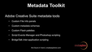 the future in hand | createasphere.com
Metadata Toolkit
Adobe Creative Suite metadata tools
• Custom File Info panels
• Custom metadata schemas
• Custom Flash palettes
• Script Events Manager and Photoshop scripting
• BridgeTalk inter-application scripting
 