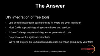 the future in hand | createasphere.com
The Answer
DIY integration of free tools
• Lots of free/cheap/open-source tools to fill where the DAM leaves off
• Most DAMs support integrating external tools and services
• It doesn’t always require an integrator or professional coder
• No procurement = agility and simplicity
• We’re not lawyers, but using open source does not mean giving away your farm
 