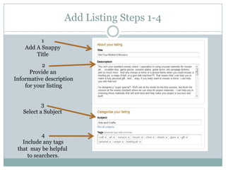 Add Listing Steps 1-41Add A SnappyTitle2Provide an Informative descriptionfor your listing3Select a Subject4Include any tagsthat  may be helpful to searchers.