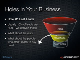 Holes In Your Business
      Hole #2: Lost Leads
      Usually 10% of leads are
      HOT - we convert those
      What about the rest?
      What about the people
      who aren’t ready to buy
      now?



@tylergarns
 