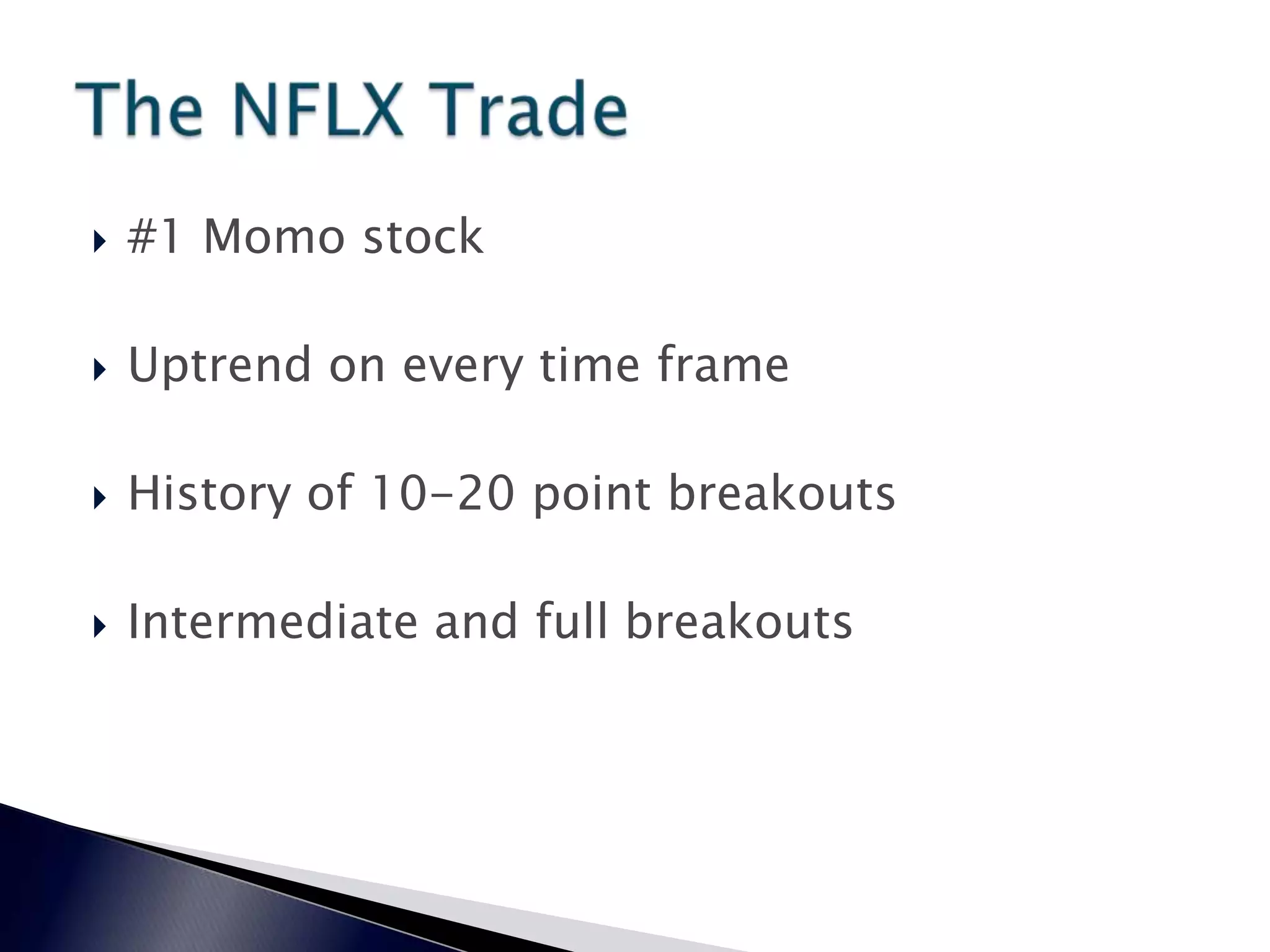  #1 Momo stock
 Uptrend on every time frame
 History of 10-20 point breakouts
 Intermediate and full breakouts
 