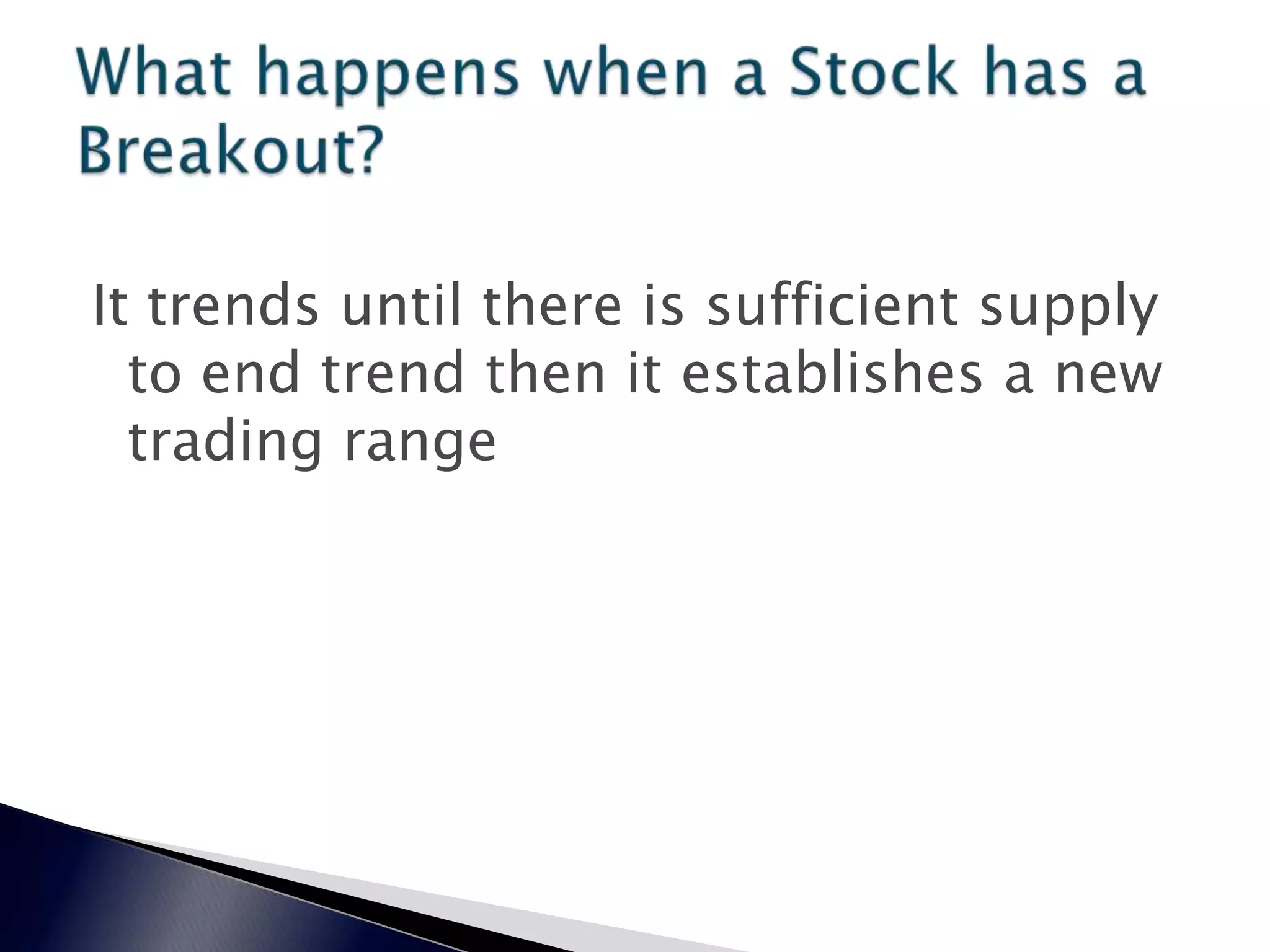 It trends until there is sufficient supply
to end trend then it establishes a new
trading range
 