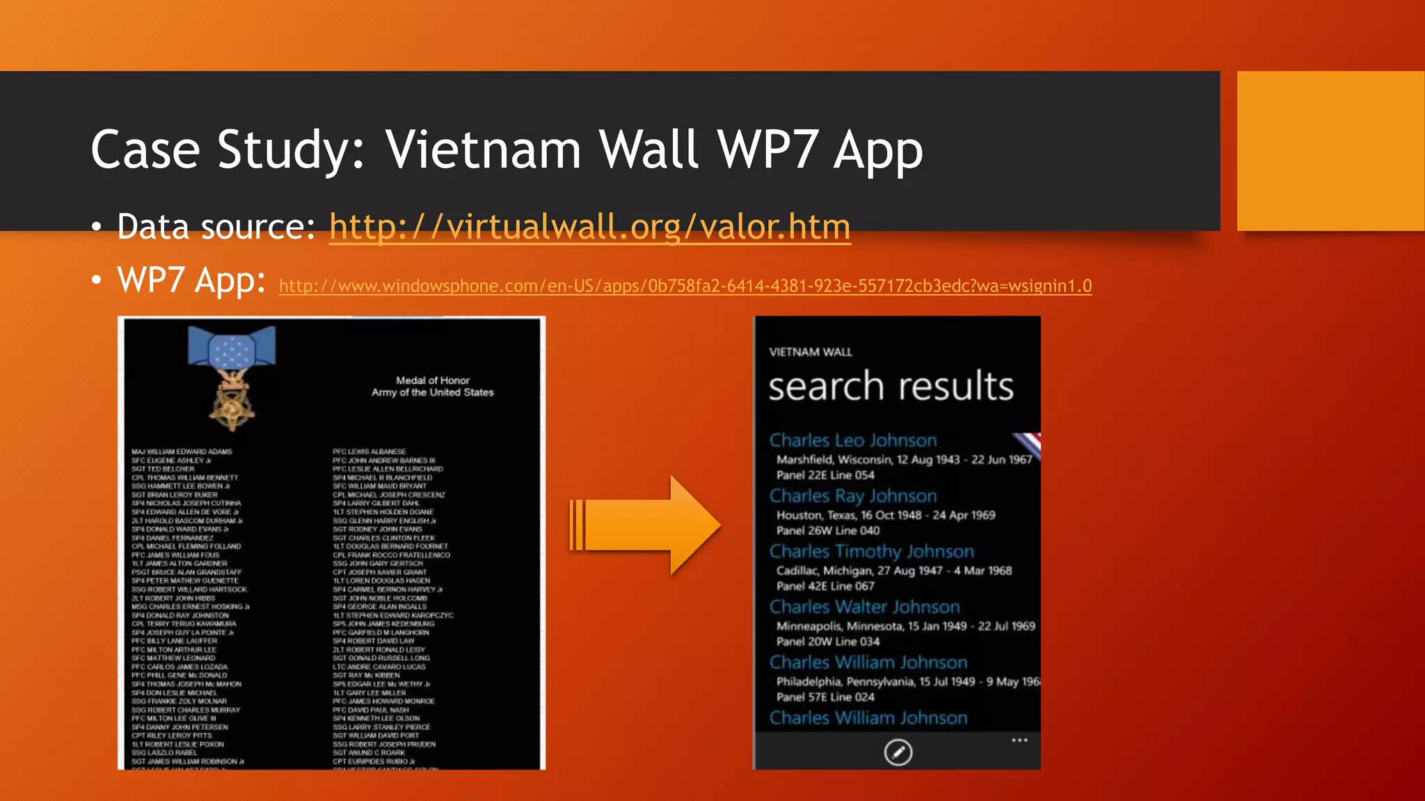 Case Study: Vietnam Wall WP7 App
• Data source: http://virtualwall.org/valor.htm
• WP7 App: http://www.windowsphone.com/en-US/apps/0b758fa2-6414-4381-923e-557172cb3edc?wa=wsignin1.0
 