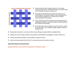 SELECT CREATIVE SUB-SECTORS     Involve artists and other creative workers in civic decision-
                                                       making by placing them in leadership positions on a wide variety
                                                       of civic advisory commissions, boards, etc.;
 CROSSCUTING ISSUES


                                                      Encourage the Greater Boston Chamber of Commerce, the
                                                       Tourism Bureau, Convention Authority, major corporations and
                                                       other business organizations to include arts and creative
                                                       economy leaders in their boards;

                                                      Insure broad access to the creative economy offerings through
                                                       neighborhood programs, reduced admission (cultural passes) to
                                                       poor children and the elderly;

                                                      Encourage large cultural institutions such as museums, schools
                                                       of arts and music, etc. to establish satellite facilities in Boston’s
                                                       neighborhoods;

  Disseminate information on cultural and other creative offerings throughout Boston’s neighborhoods;

  Establish an arts and creative shuttle to bring children and the elderly to local galleries, concerts, theater, etc.;

  Create a well crafted message to promote Boston’s creative economy;

  utilize local cable networks and the City’s TV channel to promote the creative economy;


SELECTED CREATIVE SUB-SECTORS:

(waiting definition from Economic Development Initiatives’ staff).
 
