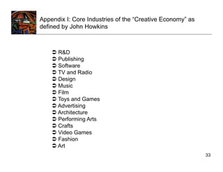 Appendix I: Core Industries of the “Creative Economy” as
defined by John Howkins



      R&D
      Publishing
      Software
      TV and Radio
      Design
      Music
      Film
      Toys and Games
      Advertising
      Architecture
      Performing Arts
      Crafts
      Video Games
      Fashion
      Art
                                                           33
 