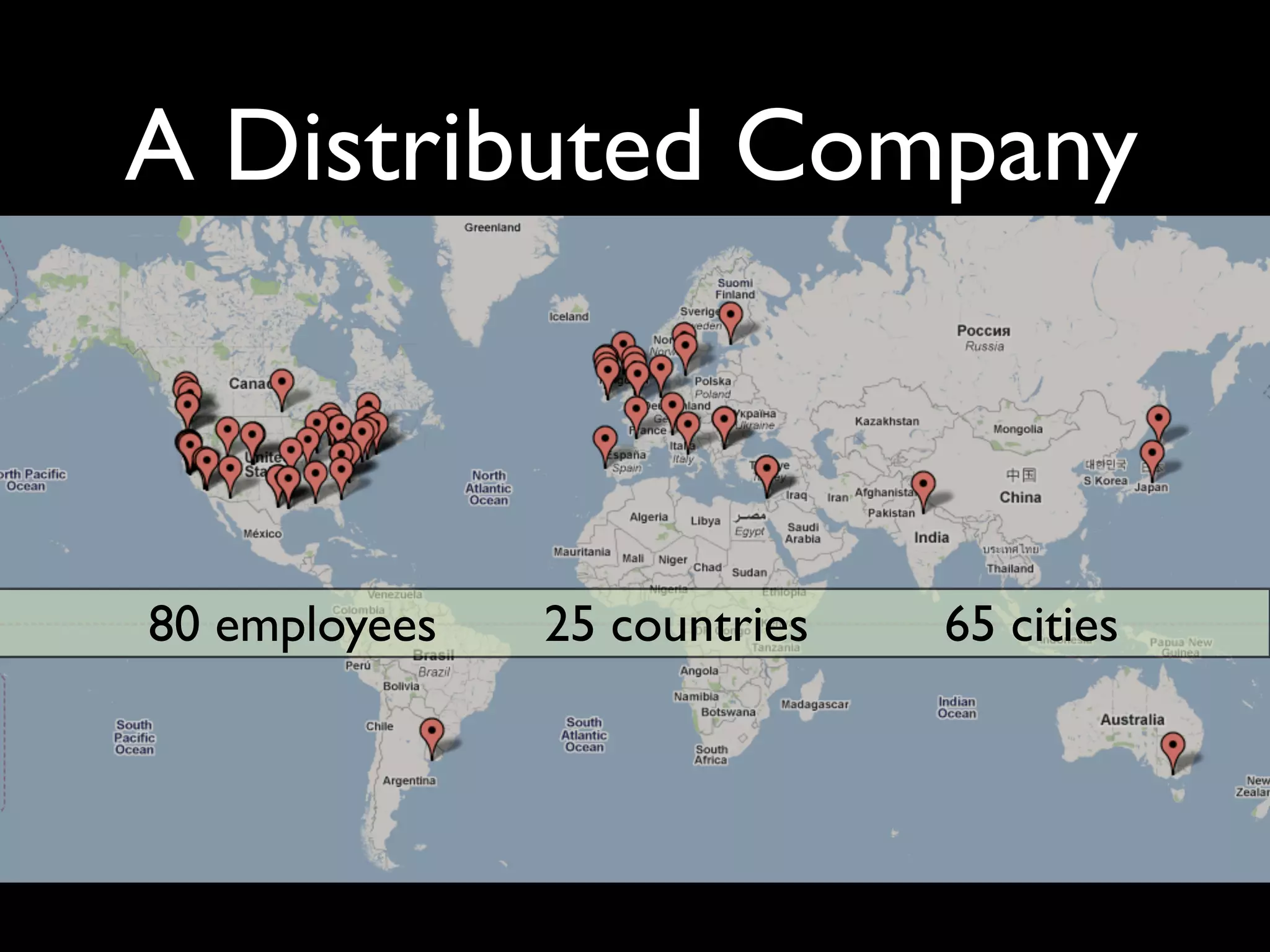 A Distributed Company



80 employees   25 countries   65 cities
 