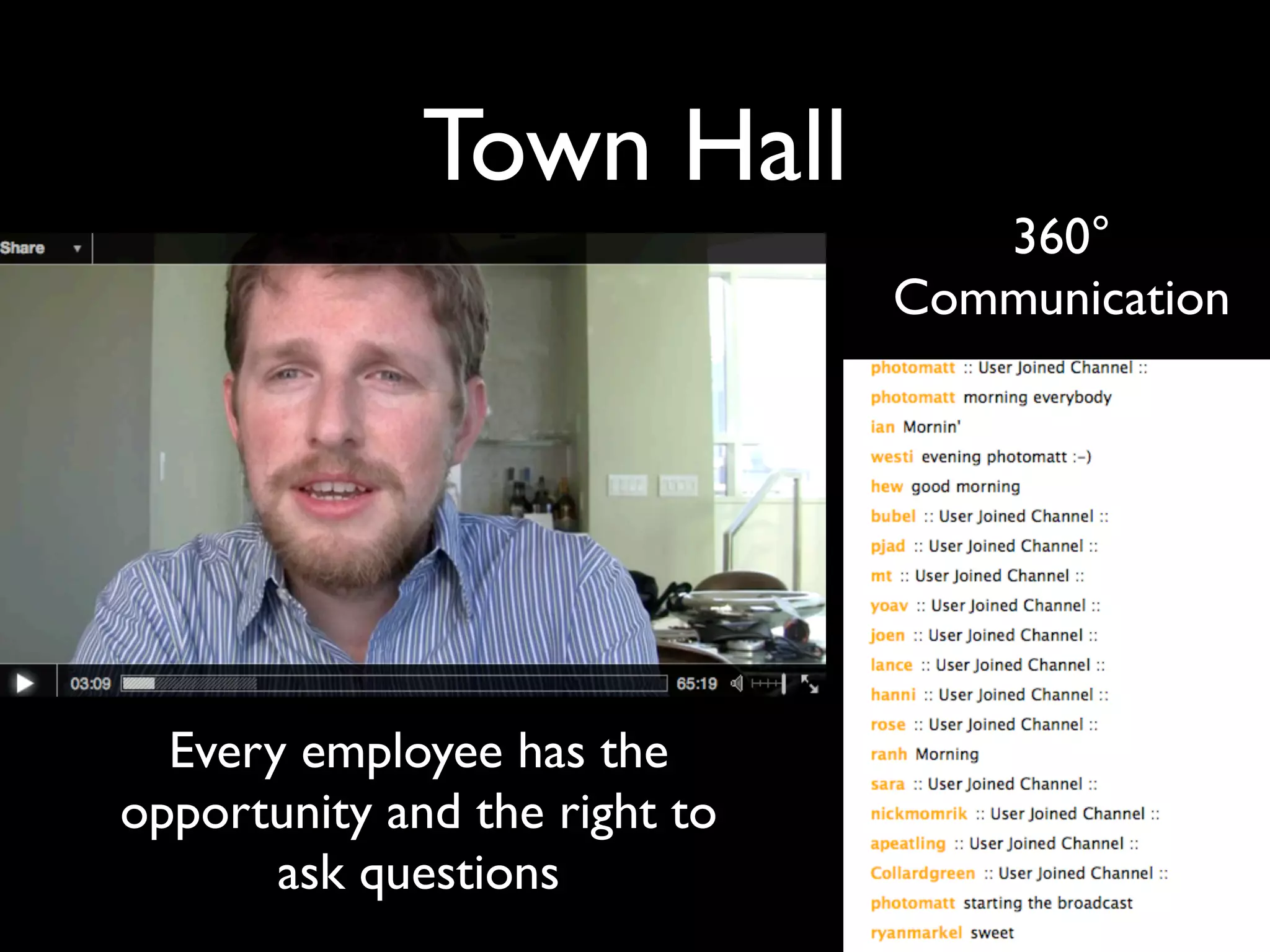 Town Hall
                                  360°
                               Communication




  Every employee has the
opportunity and the right to
       ask questions
 