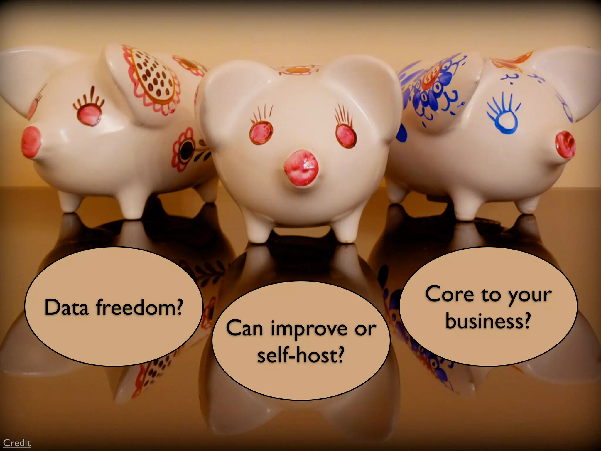 Core to your
         Data freedom?
                         Can improve or    business?
                           self-host?


Credit
 
