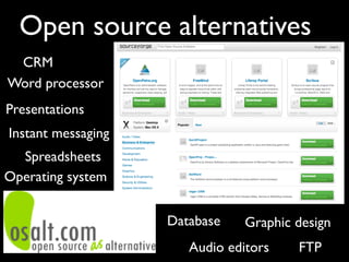 Open source alternatives
 CRM
Word processor
Presentations
Instant messaging
  Spreadsheets
Operating system


                    Database    Graphic design
                       Audio editors    FTP
 