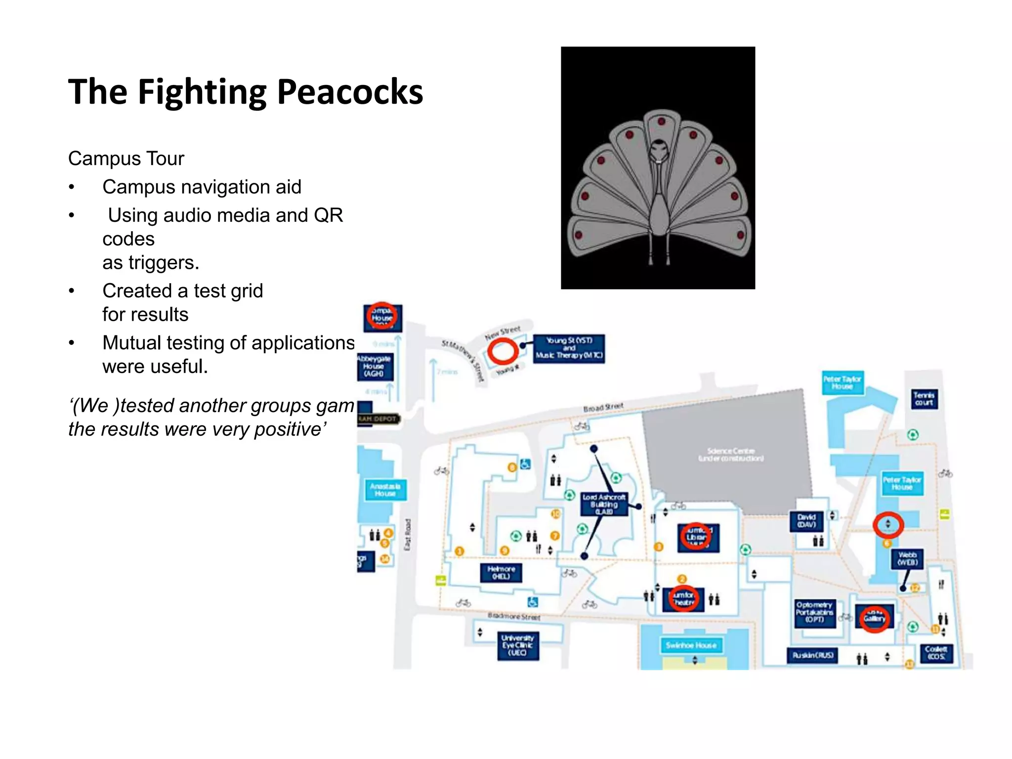 The Fighting Peacocks
Campus Tour
• Campus navigation aid
• Using audio media and QR
codes
as triggers.
• Created a test grid
for results
• Mutual testing of applications
were useful.
‘(We )tested another groups game,
the results were very positive’
 