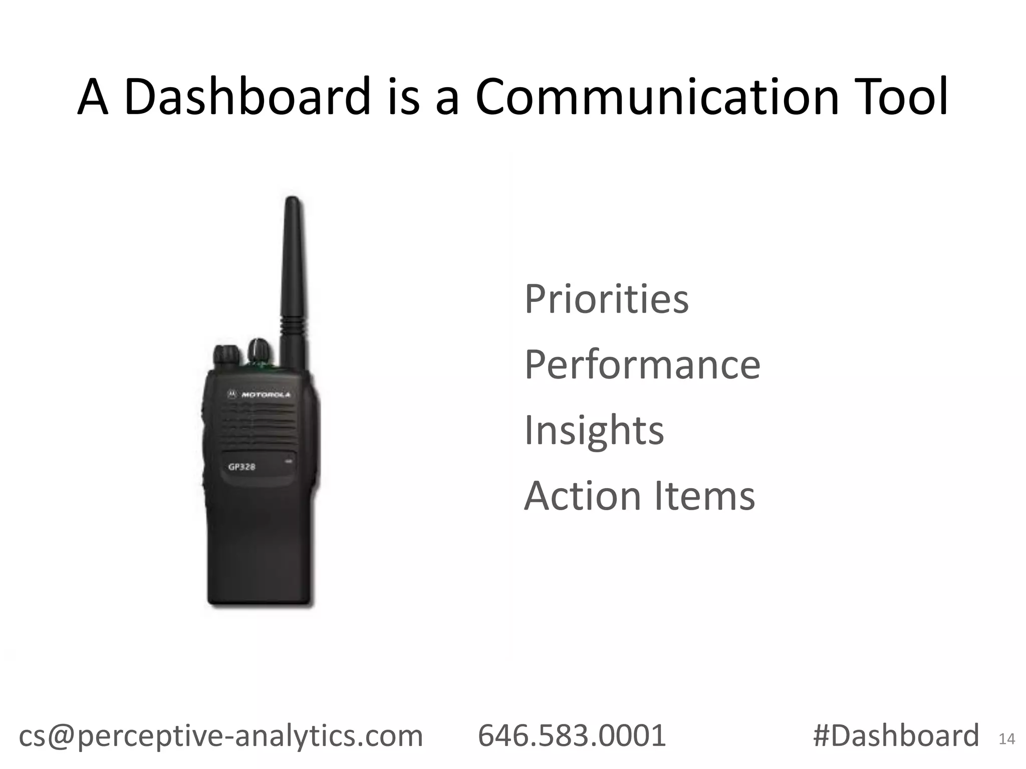 A Dashboard is a Communication Tool

Priorities
Performance
Insights
Action Items

cs@perceptive-analytics.com

646.583.0001

#Dashboard

14

 