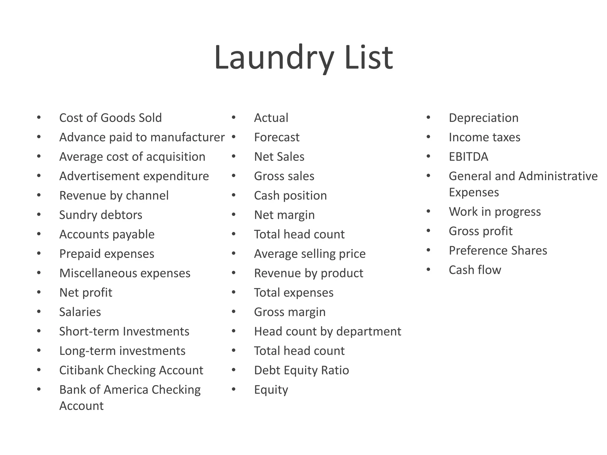 Laundry List
•
•
•
•
•
•
•
•
•
•
•
•
•
•
•

Cost of Goods Sold
Advance paid to manufacturer
Average cost of acquisition
Advertisement expenditure
Revenue by channel
Sundry debtors
Accounts payable
Prepaid expenses
Miscellaneous expenses
Net profit
Salaries
Short-term Investments
Long-term investments
Citibank Checking Account
Bank of America Checking
Account

•
•
•
•
•
•
•
•
•
•
•
•
•
•
•

Actual
Forecast
Net Sales
Gross sales
Cash position
Net margin
Total head count
Average selling price
Revenue by product
Total expenses
Gross margin
Head count by department
Total head count
Debt Equity Ratio
Equity

•
•
•
•
•
•
•
•

Depreciation
Income taxes
EBITDA
General and Administrative
Expenses
Work in progress
Gross profit
Preference Shares
Cash flow

 