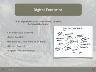 Your digital footprint = rise above, be seen,
be heard (be found)
• Includes Social Channels
• Builds Credibility
• Positions You, Your Brand as an Expert
• Delivers Content
• Engages with an Audience
Digital Footprint
 