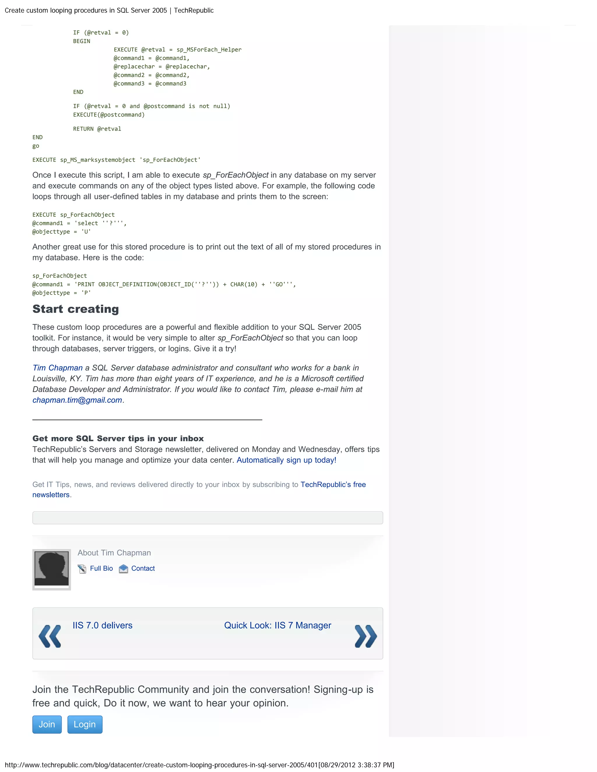 Create custom looping procedures in sql server 2005 tech republic | PDF