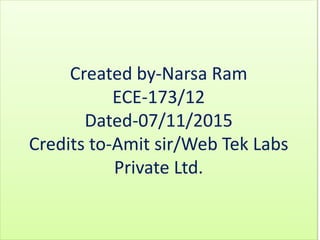 Created by-Narsa Ram
ECE-173/12
Dated-07/11/2015
Credits to-Amit sir/Web Tek Labs
Private Ltd.
 