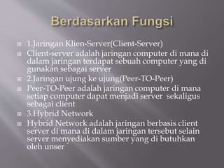  1.Jaringan Klien-Server(Client-Server)
 Client-server adalah jaringan computer di mana di
dalam jaringan terdapat sebuah computer yang di
gunakan sebagai server
 2.Jaringan ujung ke ujung(Peer-TO-Peer)
 Peer-TO-Peer adalah jaringan computer di mana
setiap computer dapat menjadi server sekaligus
sebagai client
 3.Hybrid Network
 Hybrid Network adalah jaringan berbasis client
server di mana di dalam jaringan tersebut selain
server menyediakan sumber yang di butuhkan
oleh unser
 